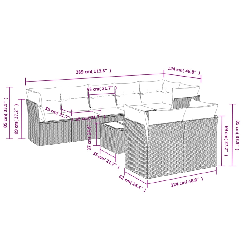 Afuera Living Contemporary 9 Piece Poly Rattan Sofa Set in Gray