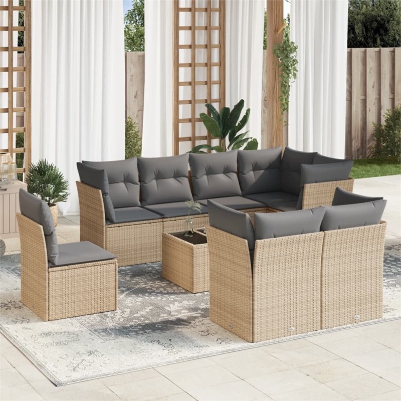 Afuera Living Contemporary Synthetic Poly Rattan 9 Piece Sofa Set in Gray/Beige
