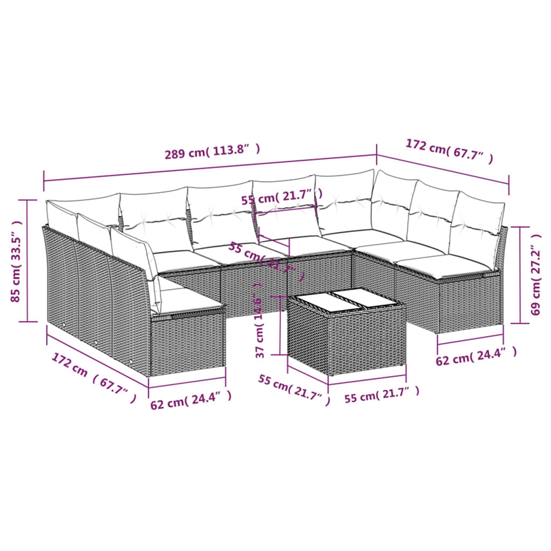 Afuera Living Contemporary Synthetic Poly Rattan 10 Piece  Sofa Set in Brown