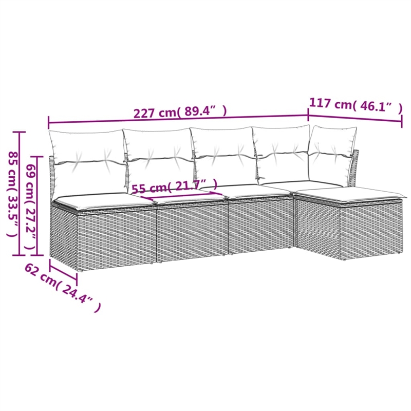 Afuera Living Contemporary 5 Piece Poly Rattan Large Sofa Set in Beige