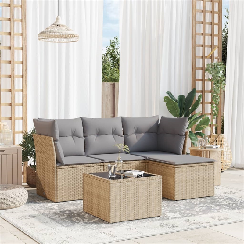 Afuera Living Contemporary 5 Piece Poly Rattan Sofa Set in Beige