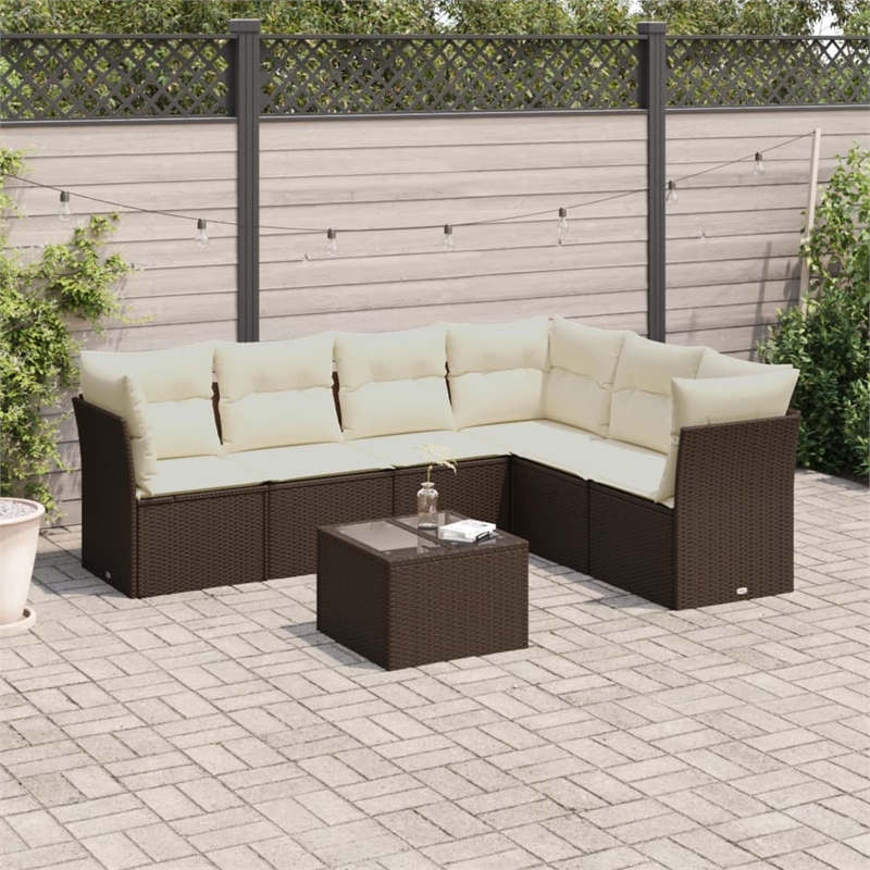 Afuera Living Contemporary 7 Piece Poly Rattan Sofa Set in Brown/Cream