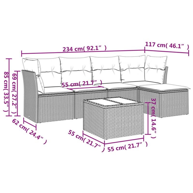 Afuera Living Contemporary Synthetic Poly Rattan 6 Piece  Sofa Set in Gray