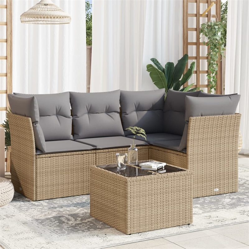 Afuera Living Contemporary 5 Piece Poly Rattan Small Sofa Set in Beige