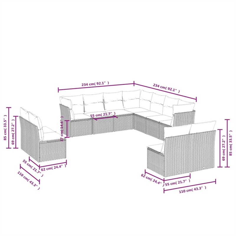 Afuera Living Contemporary 11 Piece Poly Rattan Sofa Set in Gray