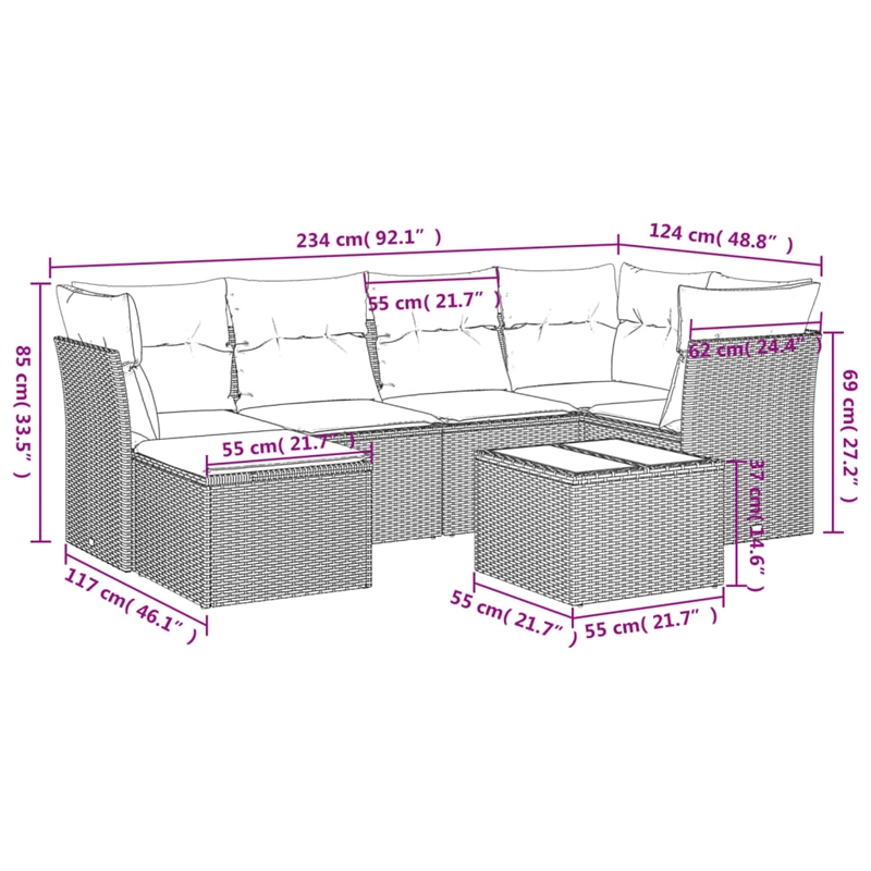 Afuera Living Contemporary 7 Piece Poly Rattan Sofa Set in Gray