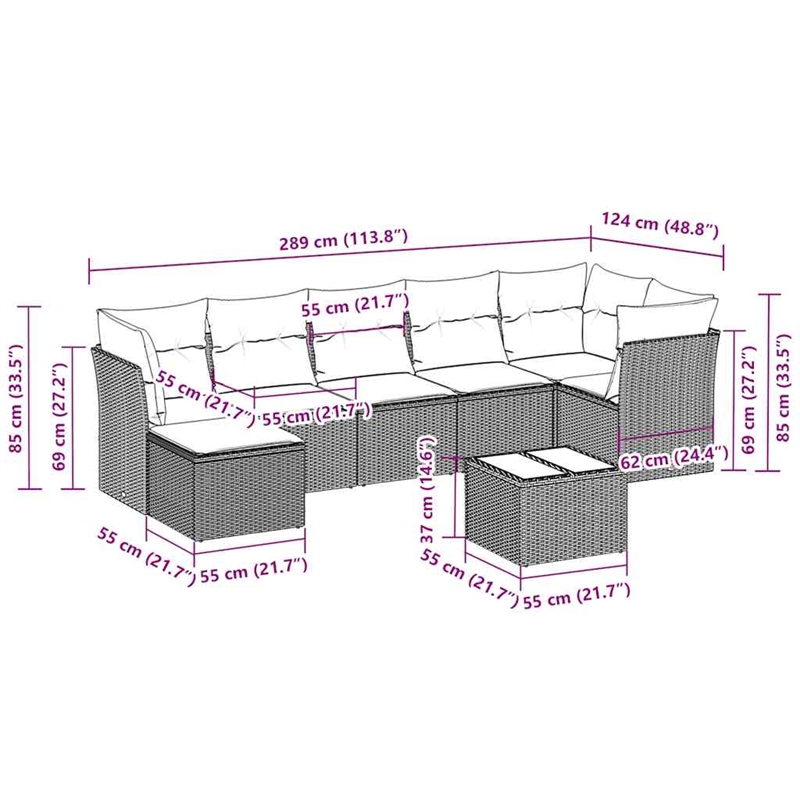 Afuera Living Contemporary 8 Piece Poly Rattan Sofa Set in Gray