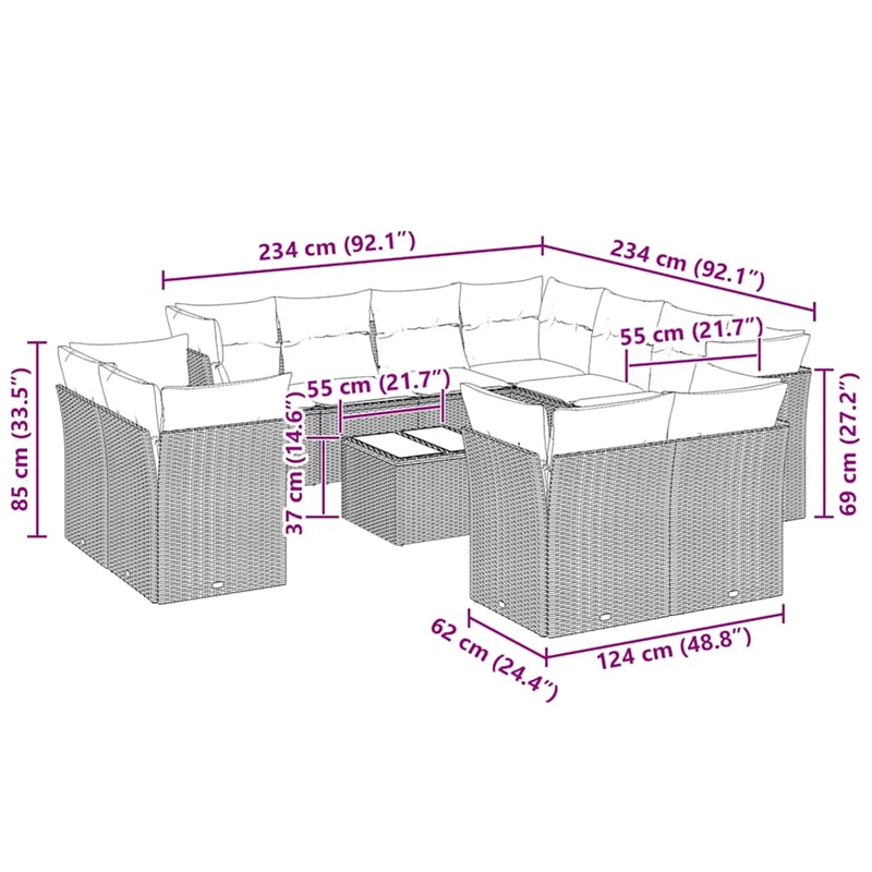 Afuera Living Contemporary 12 Piece Poly Rattan Sofa Set in Gray
