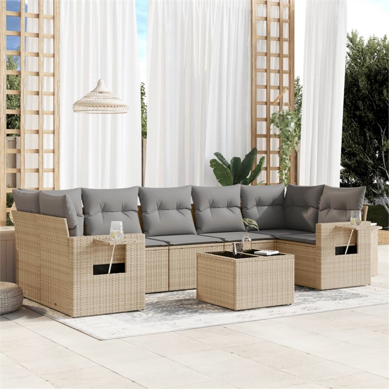 Afuera Living Contemporary 8 Piece Poly Rattan Large Sofa Set in Beige