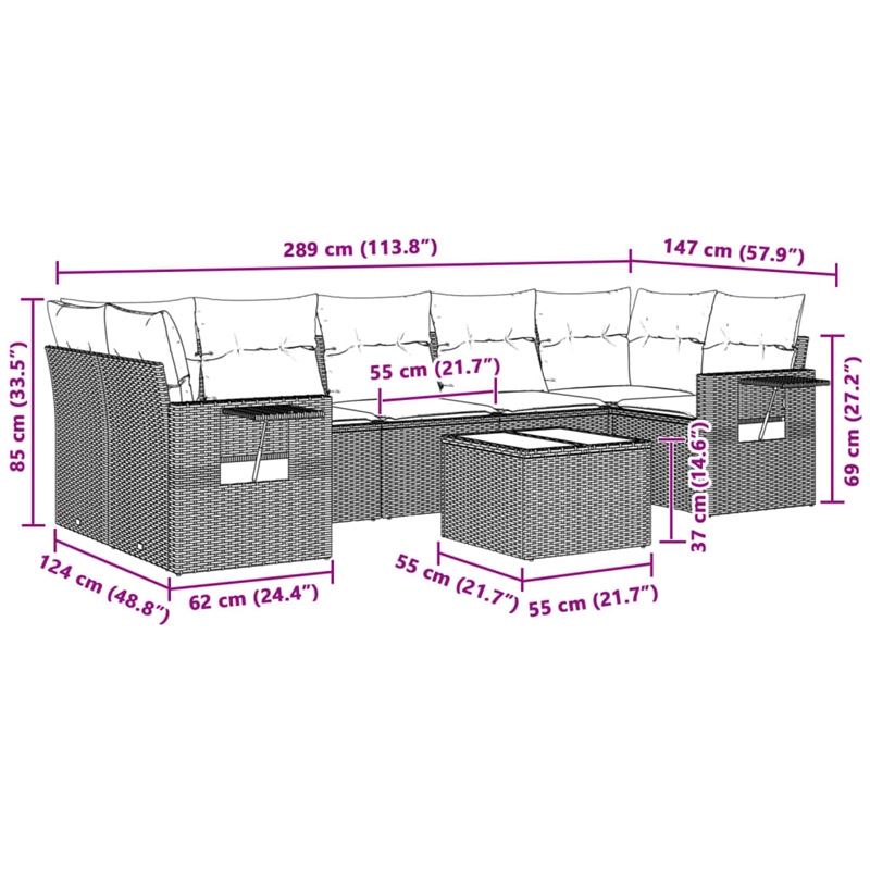 Afuera Living Contemporary 8 Piece Poly Rattan Large Sofa Set in Gray