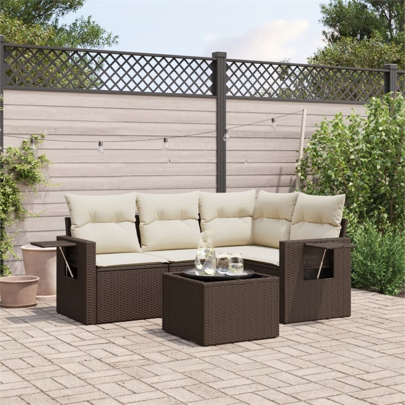 Afuera Living Contemporary 5 Piece Poly Rattan Sofa Set in Brown/Cream
