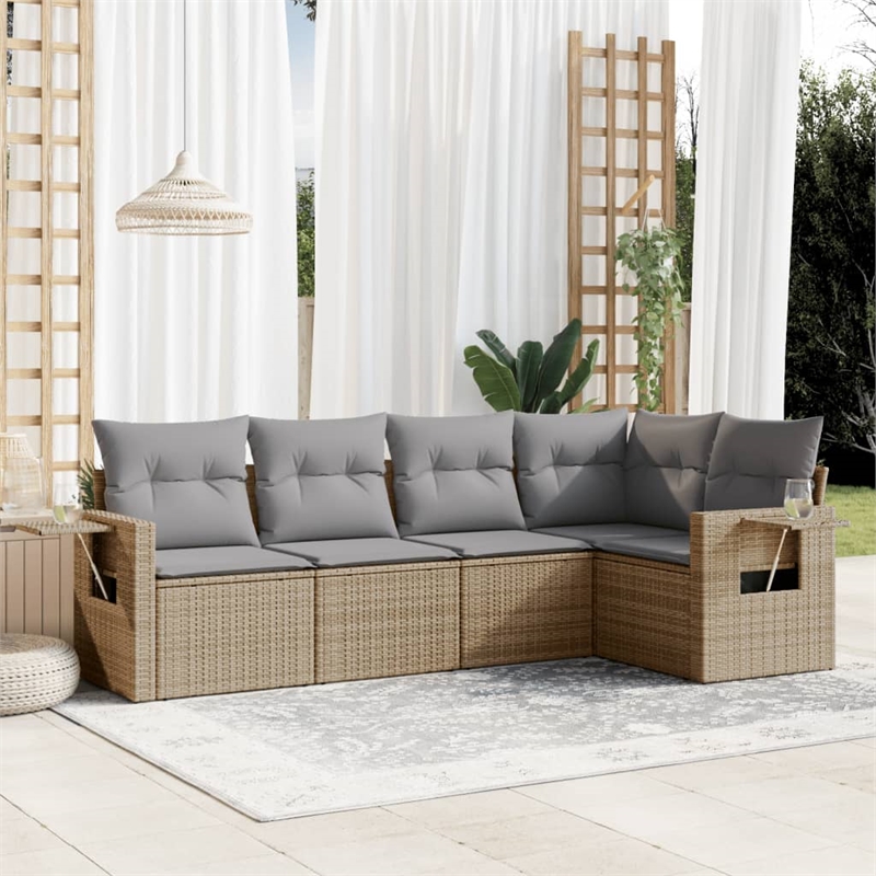Afuera Living Contemporary 5 Piece Poly Rattan Sofa Set in Gray/Beige