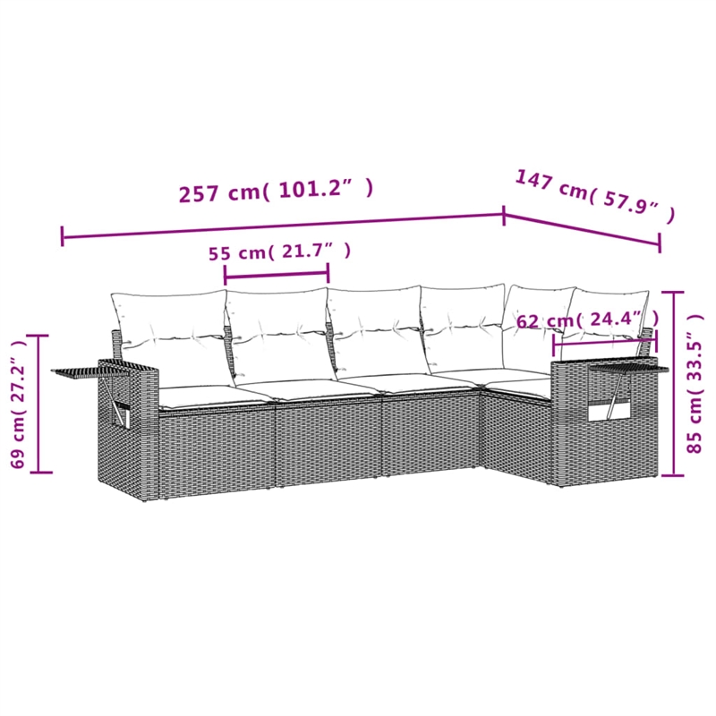 Afuera Living Contemporary 5 Piece Poly Rattan Sofa Set in Gray