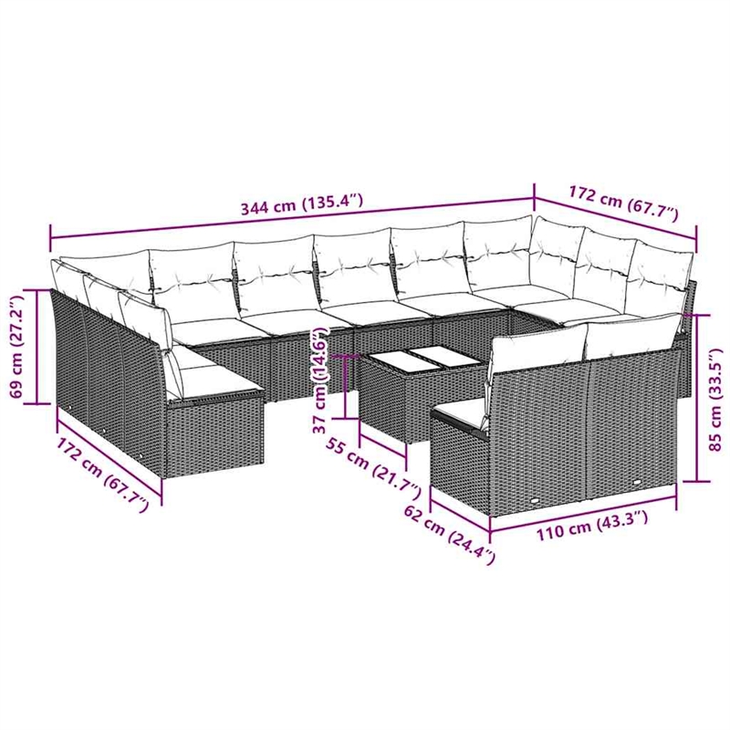 Afuera Living Contemporary 13 Piece Poly Rattan Small Sofa Set in Gray