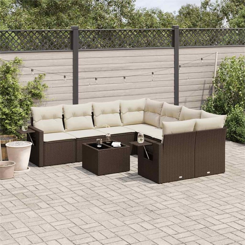 Afuera Living Contemporary 9 Piece Poly Rattan Sofa Set in Brown/Cream