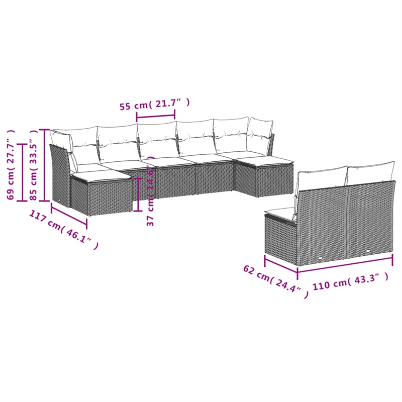 Afuera Living Contemporary Synthetic Poly Rattan 9 Piece  Sofa Set in Beige