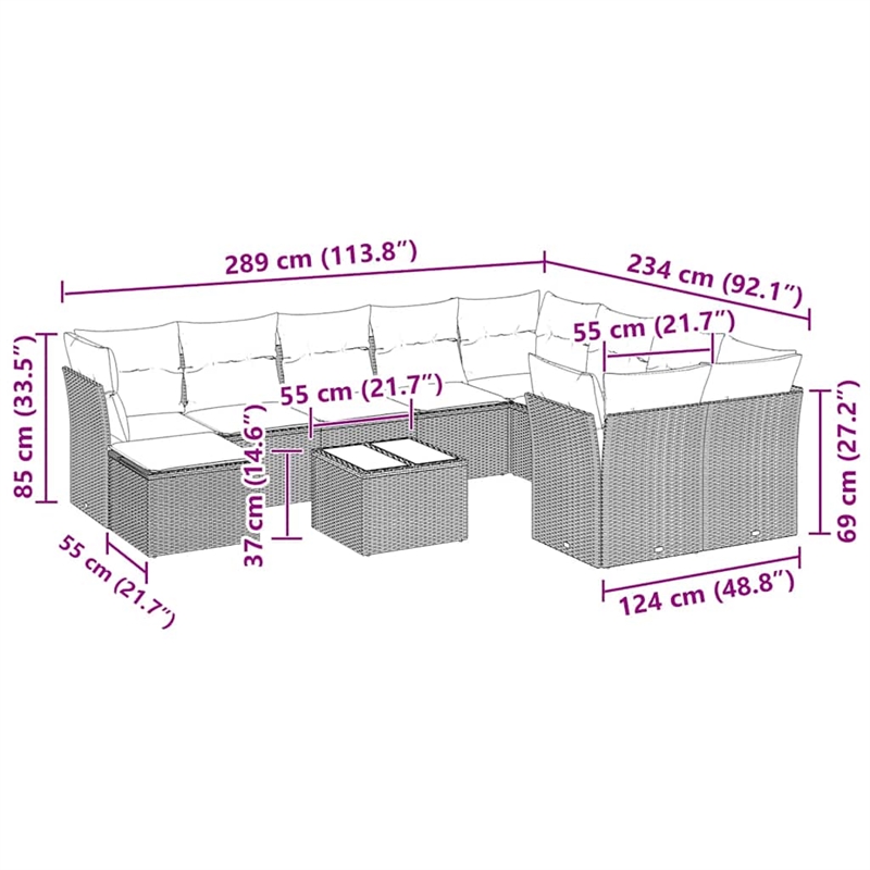 Afuera Living Contemporary Synthetic Poly Rattan 11 Piece  Sofa Set in Gray