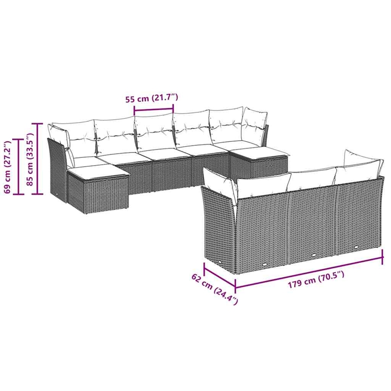 Afuera Living Contemporary Synthetic Poly Rattan 10 Piece Sofa Set in Gray