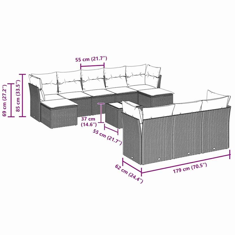 Afuera Living Contemporary 11 Piece Poly Rattan Sofa Set in Gray