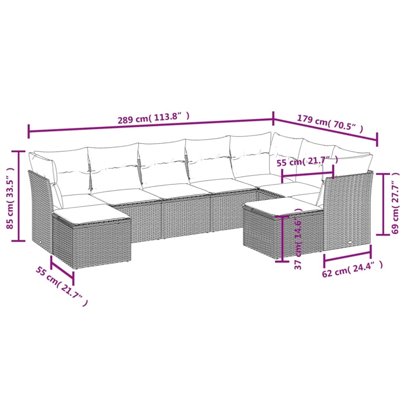 Afuera Living Contemporary 9 Piece Poly Rattan Sofa Set in Gray/Beige