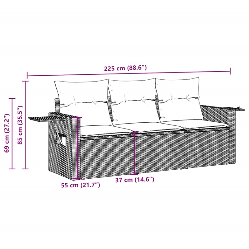Afuera Living Contemporary 3 Piece Poly Rattan Sofa Set in Black/Cream