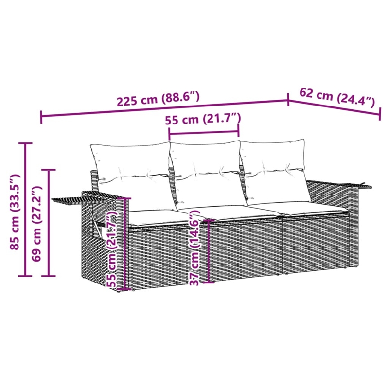 Afuera Living Contemporary 3 Piece Poly Rattan Sofa Set in Gray