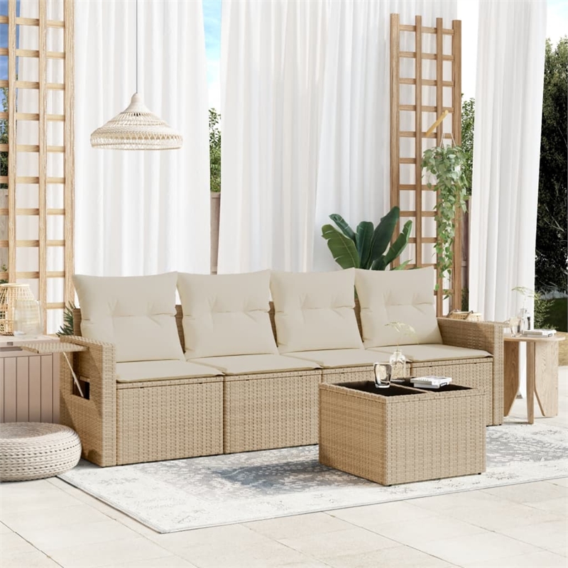 Afuera Living Contemporary Synthetic Poly Rattan 5 Piece Large Sofa Set in Beige