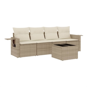 Afuera Living Contemporary Synthetic Poly Rattan 5 Piece Large Sofa Set in Beige