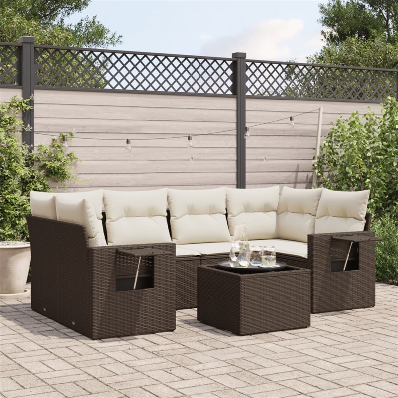 Afuera Living Contemporary 7 Piece Poly Rattan Sofa Set in Brown/Cream