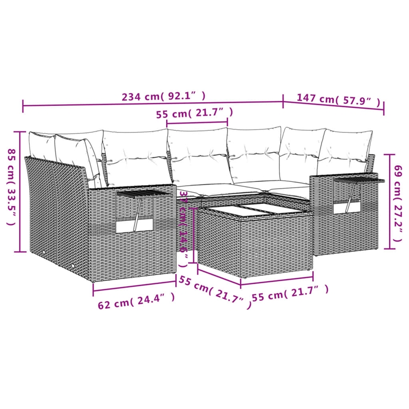 Afuera Living Contemporary 7 Piece Poly Rattan Sofa Set in Gray