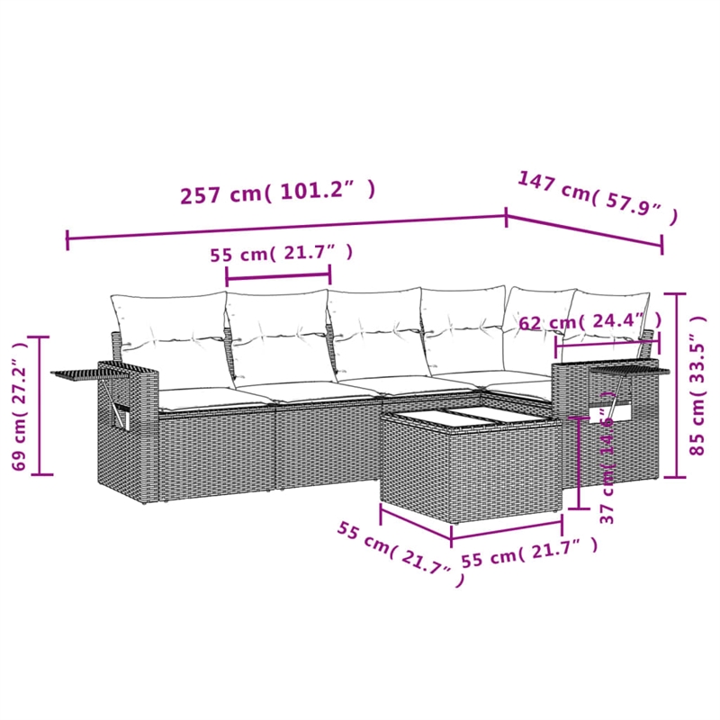 Afuera Living Contemporary 6 Piece Poly Rattan Large Sofa Set in Gray
