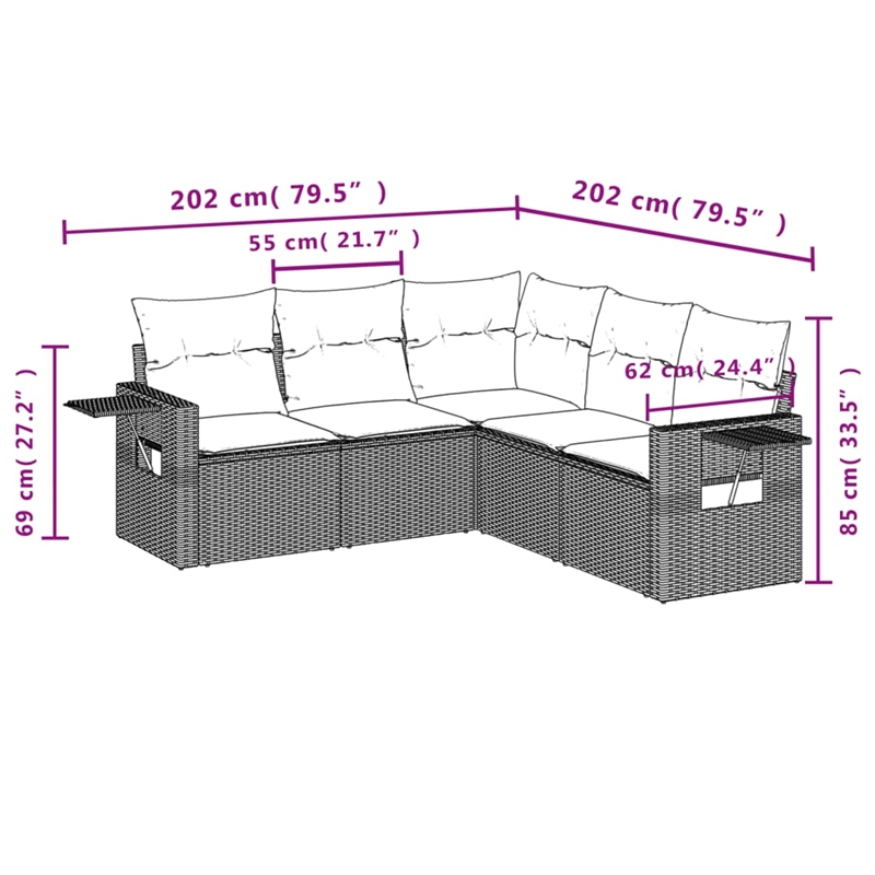 Afuera Living Contemporary Synthetic Poly Rattan 5 Piece  Sofa Set in Gray