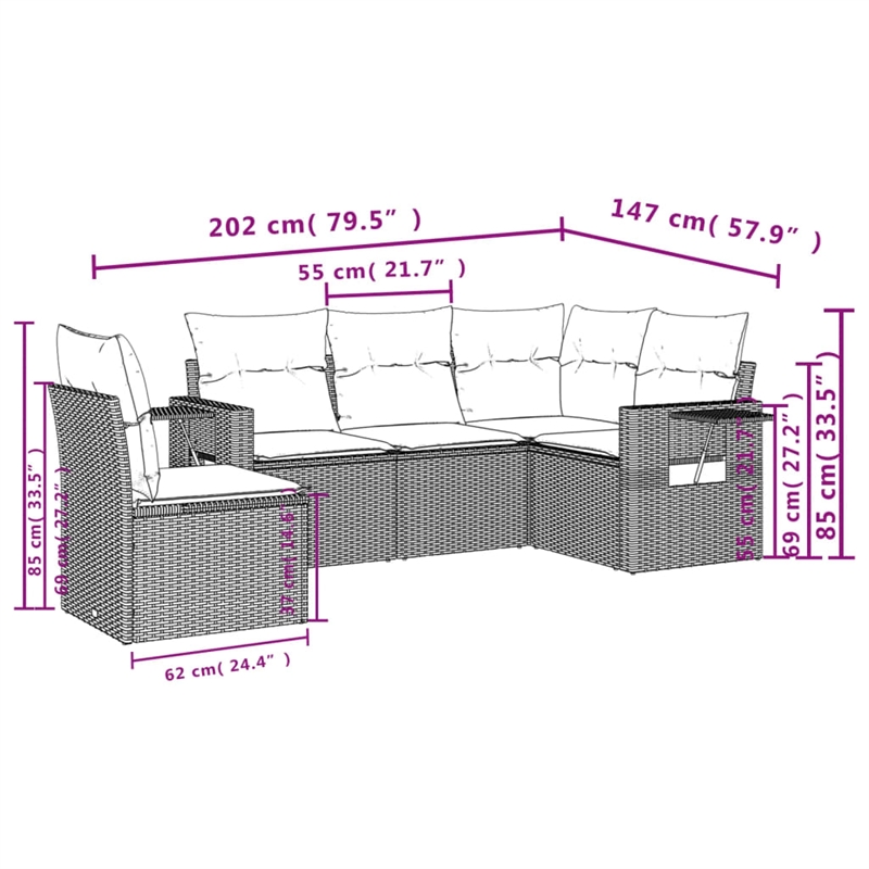Afuera Living 5 Piece Poly Rattan Small Sofa Set in Brown/Cream