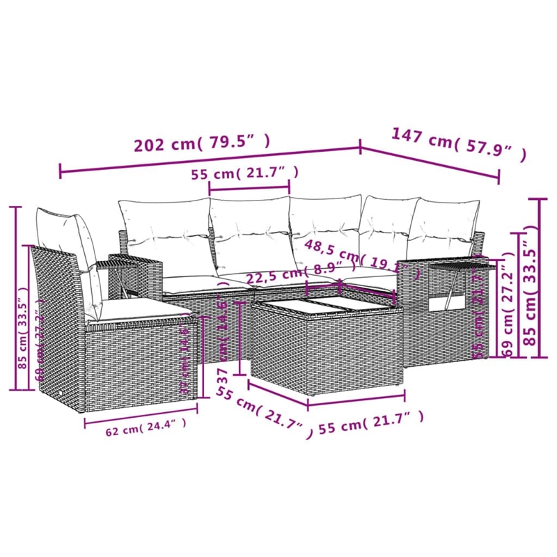 Afuera Living Contemporary 6 Piece Poly Rattan Sofa Set in Black