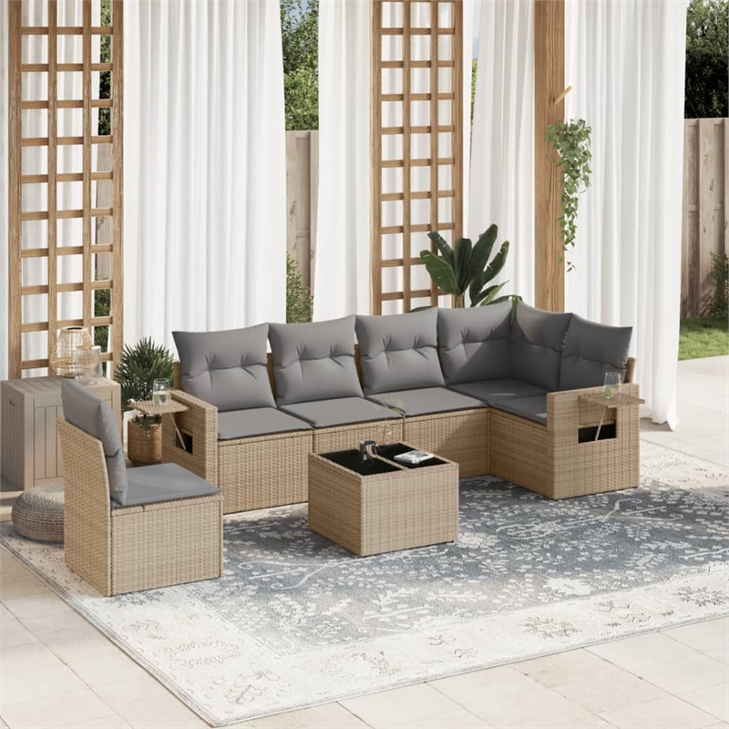 Afuera Living Contemporary 7 Piece Poly Rattan Sofa Set in Gray/Beige