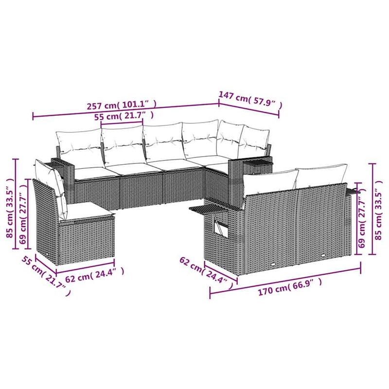 Afuera Living Contemporary 8 Piece Poly Rattan Large Sofa Set in Beige