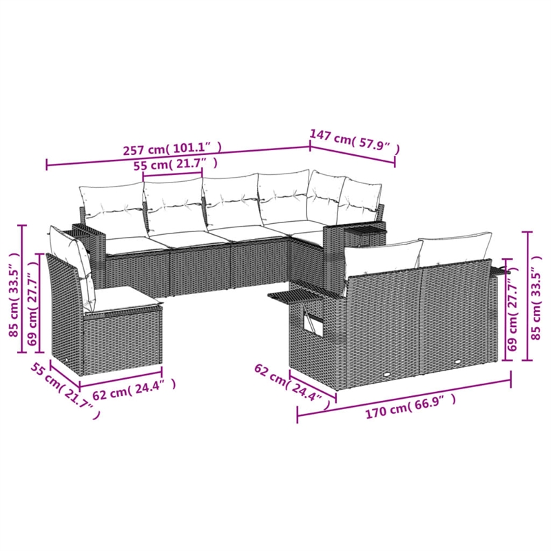 Afuera Living Contemporary 8 Piece Poly Rattan Sofa Set in Gray