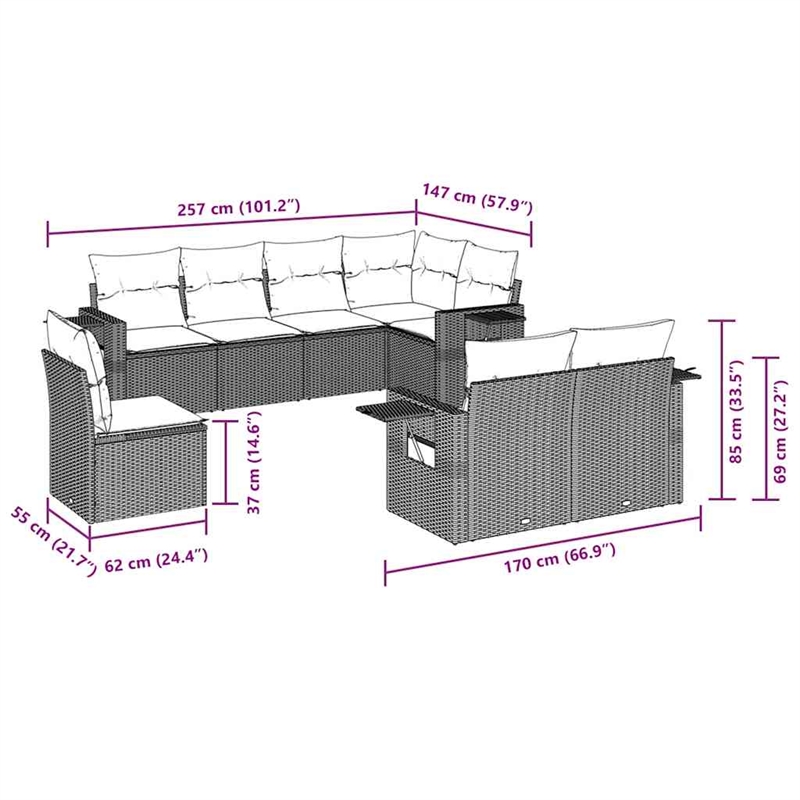 Afuera Living Contemporary 8 Piece Poly Rattan Sofa Set in Brown/Cream