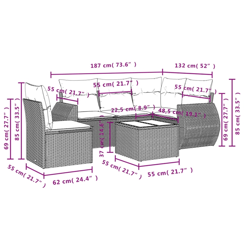 Afuera Living Contemporary 6 Piece Poly Rattan Sofa Set in Brown/Cream