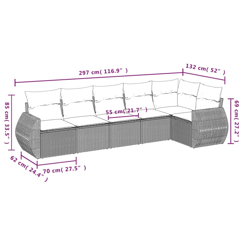 Afuera Living Contemporary 6 Piece Poly Rattan Sofa Set in Gray