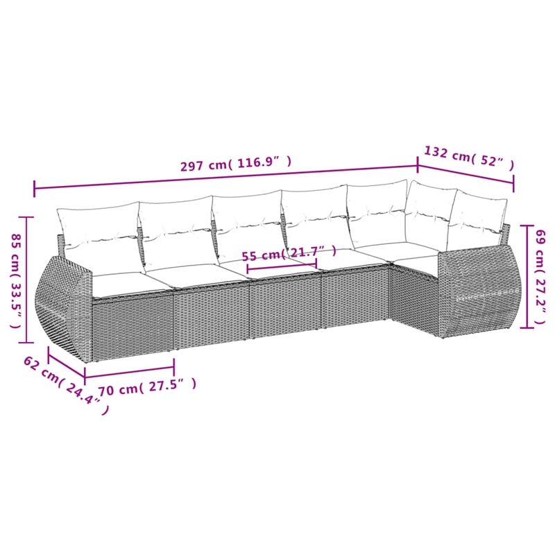 Afuera Living Contemporary 6 Piece Poly Rattan Large Sofa Set in Gray