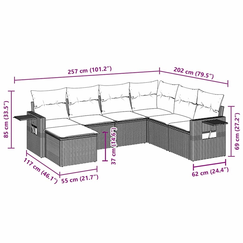 Afuera Living Contemporary 7 Piece Poly Rattan Sofa Set in Black/Cream