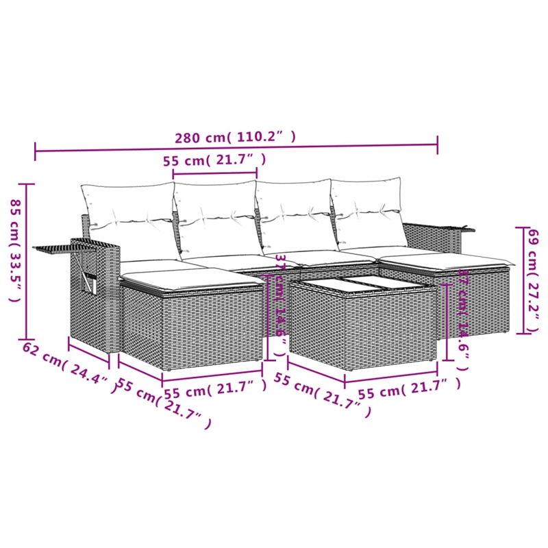 Afuera Living Contemporary 7 Piece Poly Rattan Sofa Set in Gray