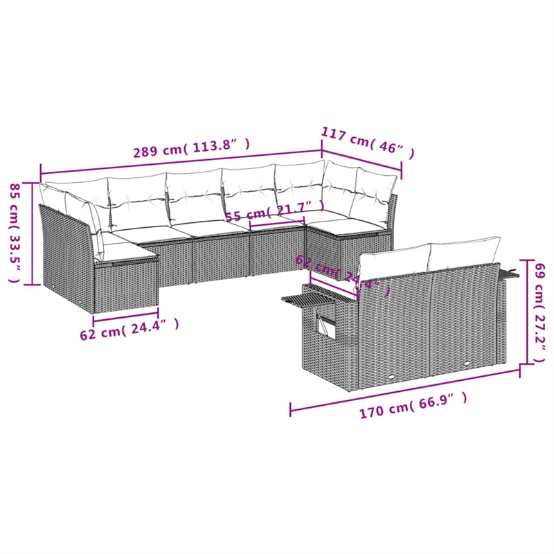Afuera Living Contemporary Synthetic Poly Rattan 9 Piece  Sofa Set in Gray