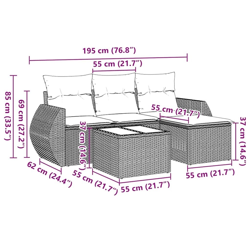 Afuera Living Contemporary 5 Piece Poly Rattan Sofa Set in Black/Cream