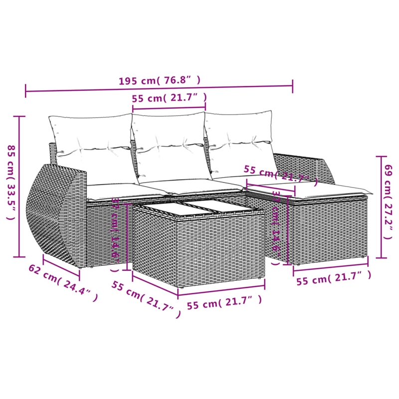Afuera Living Contemporary 5 Piece Poly Rattan Sofa Set in Brown