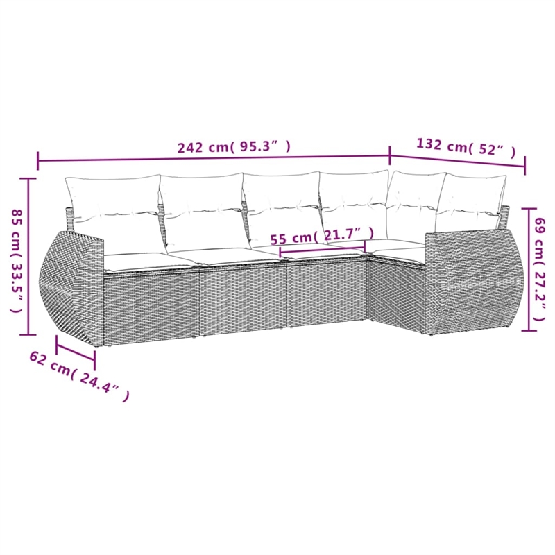 Afuera Living Contemporary 5 Piece Poly Rattan Sofa Set in Gray