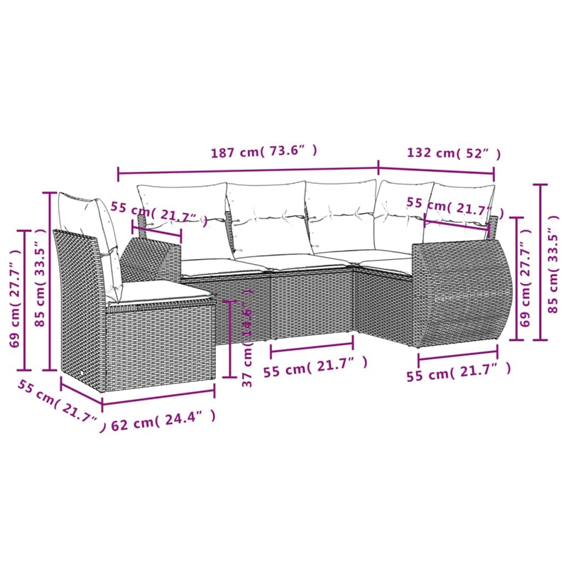 Afuera Living Contemporary 5 Piece Poly Rattan Sofa Set in Black