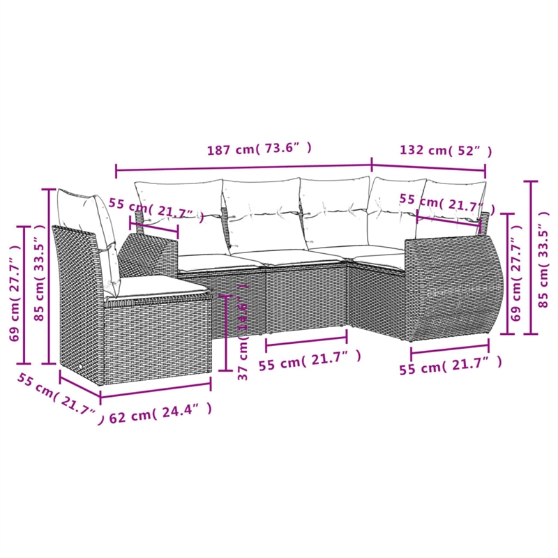 Afuera Living Contemporary 5 Piece Poly Rattan Sofa Set in Brown