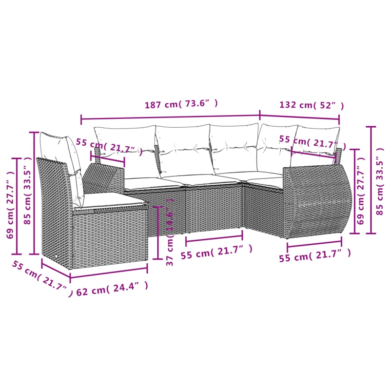 Afuera Living Contemporary 5 Piece Poly Rattan Sofa Set in Gray